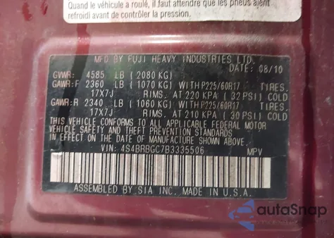 2011 Subaru Outback 2.5I Premium from USA, damaged, VIN 4S4BRBGC7B3335506